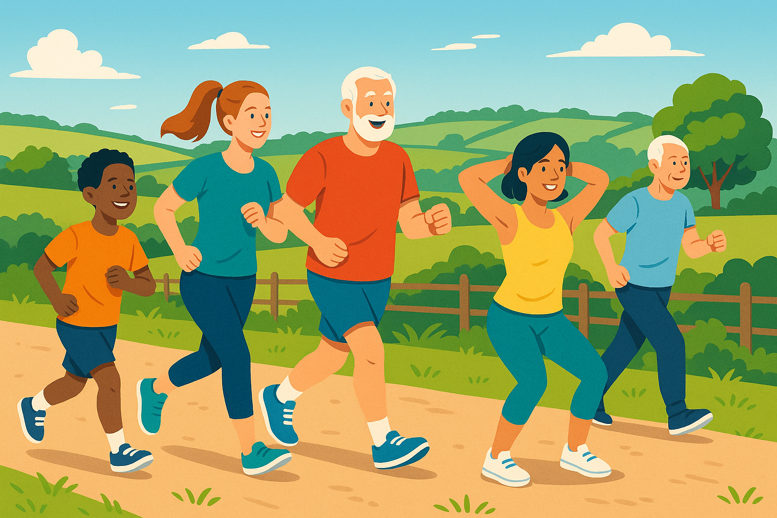Group training outdoors, diverse, healthy living